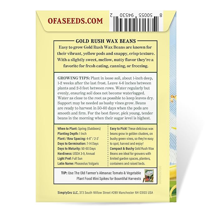 The Old Farmer's Almanac Heirloom Gold Rush Wax Bean Seeds - Premium Non-GMO, Open Pollinated, Heirloom, USA Origin (1 Packet - 20 Grams - Approx 60 Seeds)