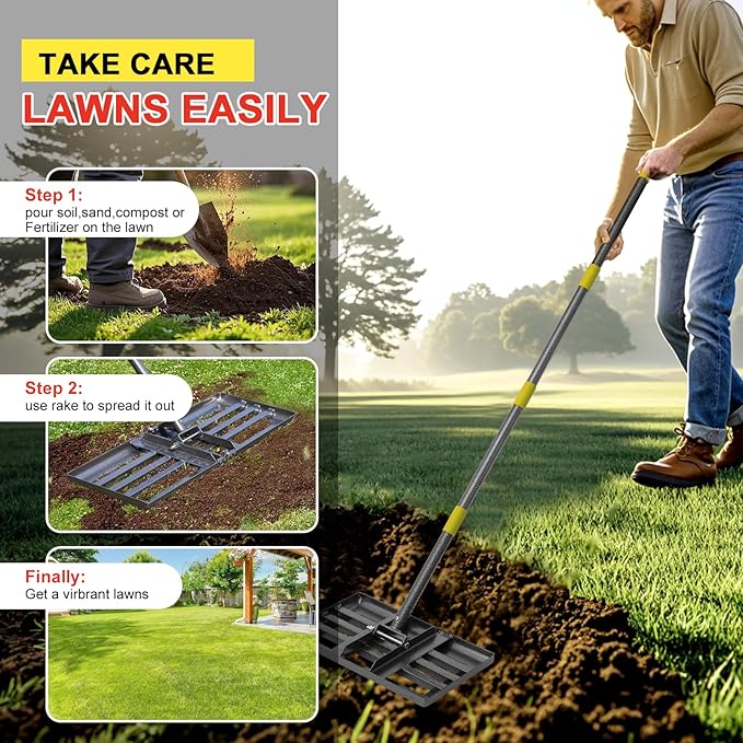 Lawn Leveling Rake - Heavy Duty 17"x10" Stainless Steel Lawn Leveler | Adjustable 28-72" Handle, Reinforced Welds & Smooth Edge for Soil, Dirt,Ground,Yard Top Dressing,Landscaping