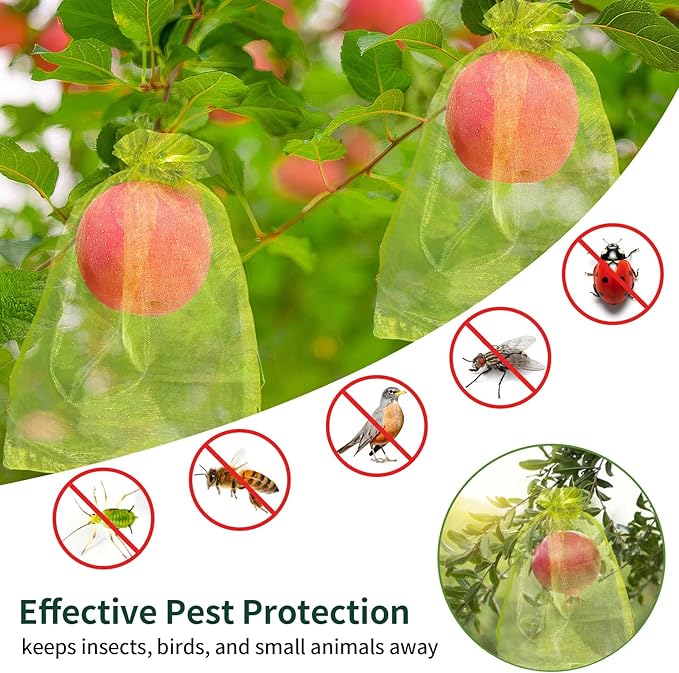 50 Pcs Fruit Protection Bags, 7.5×11.5 Inches Green Fruit Nets for Fruit Tree, Drawstring Mesh Cover Bags to Protect Vegetables Tomato Strawberry Garden