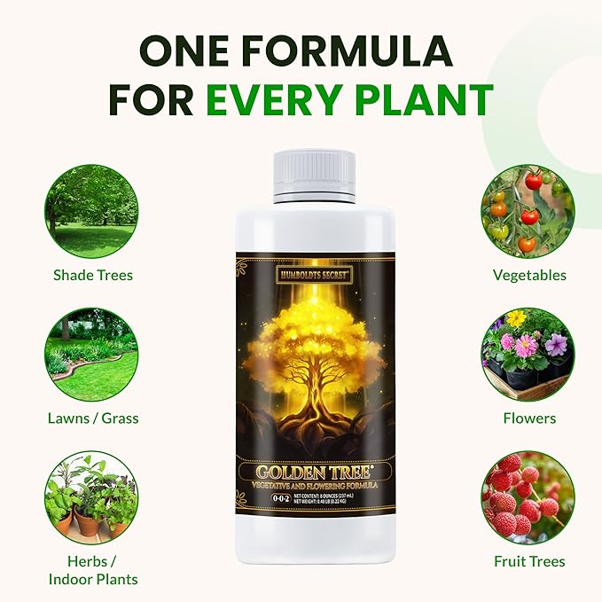 Humboldts Secret Golden Tree Liquid Plant Food | Enhances Growth Indoors or Outdoors | All-in-One Plant Nutrients for Vegetables, Trees, Flowers, Fruits, Roses, Lawns, Tomatoes | 8 Ounce