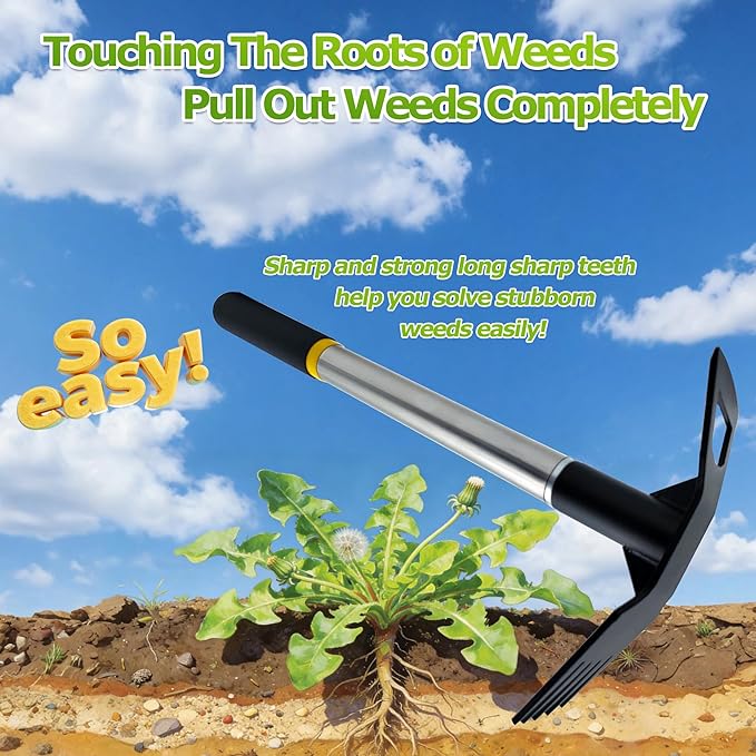2 in 1 Hand Weed Rake,5-Tine Small Garden Hoe for Weeding,15.7" Weed Hoe with Comfortable Short Handle for Flower Beds,Courtyards,and Narrow Gaps(5-Tooth Short Handle)