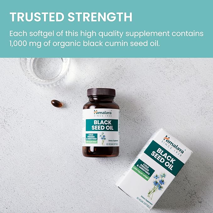 Himalaya Black Seed Oil Softgels, Cold-Pressed & Unrefined Black Seed Oil for Wellness, Non-GMO, Vegan, Gluten-Free, No Additives, 1,000 mg Per Serving, 60 Softgels