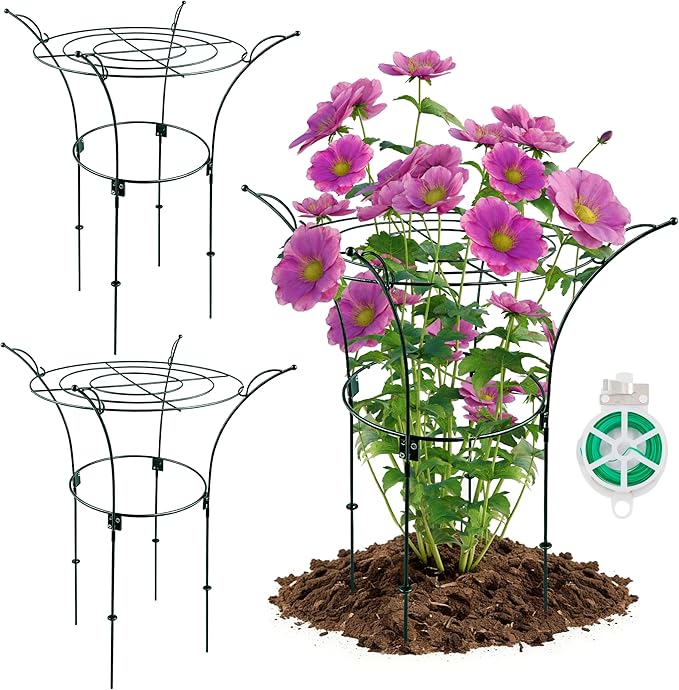 Fayoo 2 Pack Peony Cages and Supports with Twist Ties, 23.2" H X 13" D Heavy Duty Metal Plant Support Rings, Outdoor Flower Cage Garden Stakes for Peonies, Roses, Hydrangeas, Climbing Vines