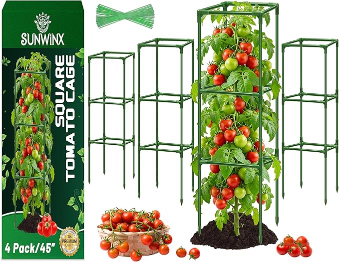 4 Pack Square Tomato Cages for Garden, 45 Inch Adjustable Tomato Stakes, Metal Tomato Trellis, Garden Plant Support for Potted Climbing Plants, Vegetables Flowers Fruits, Raised Garden Bed
