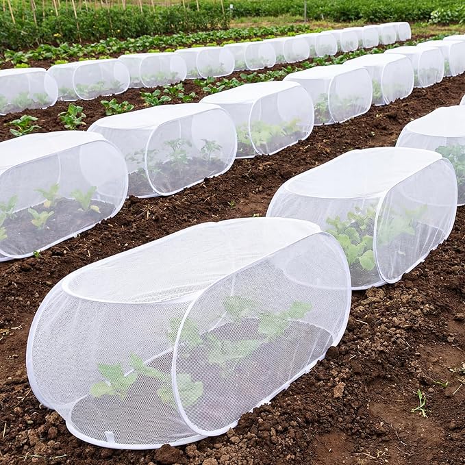 4 Pcs 39" x 18" x 16" Pop up Garden Mesh Plant Cover Outdoor Plant Protector Garden Row Raised Bed Cover with Ground Nails Crop Cage Net for Seedlings Vegetable Fruit Herbs (White)