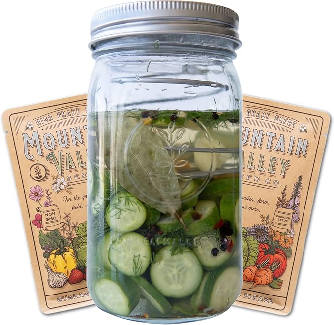 Quick Pickle Kit & Pickle Seeds - For Easy Quick Pickles & Mason Jar Fermenting - 316 Stainless Steel Pickling Lid, Weight, Quart Mason Jar, & 200+ Pickling Cucumber Seeds for Planting