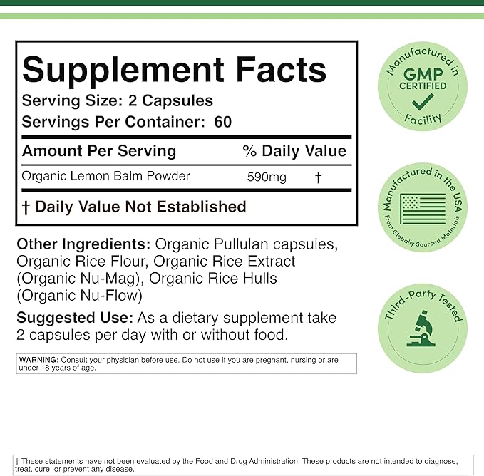 Double Wood Supplements Organic Lemon Balm 120 Capsules - for Digestion & Relaxation 590mg - 120 Servings - Non-GMO, Gluten Free, and Vegan Safe
