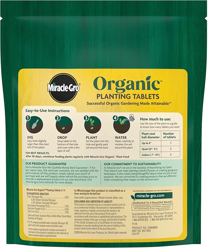 Miracle-Gro Organic Planting Tablets - for Transplants and Starter Plants, Formulated with Calcium, Plant Fertilizer, Boosts Early Rooting, OMRI Listed, 20 Tablets