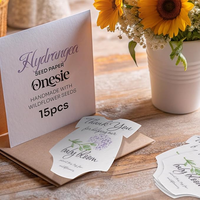 Seed Bloom Onesie Seed Paper – 15 Hydrangea Shower Favors for Guests with Wildflower Seeds, Writable & Plantable, Shower Favor Gifts for Guest