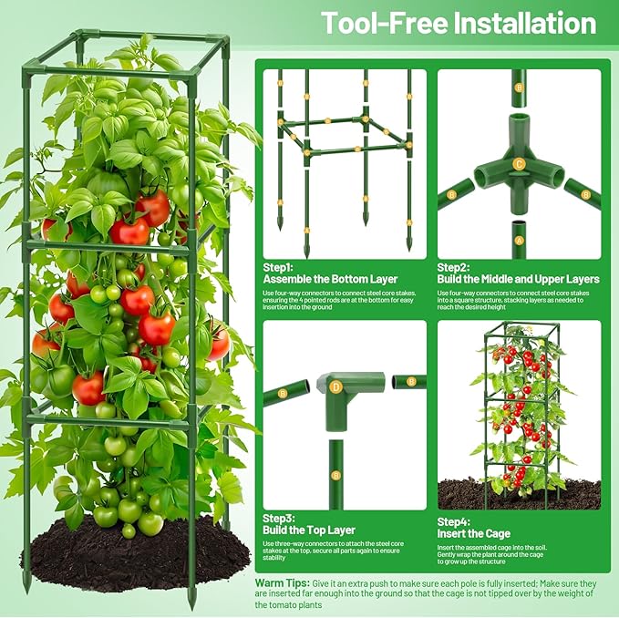 Legigo 4 Pack Square Tomato Cages- 45 Inch Heavy Duty Tomato Trellis for Climbing Plants Outdoor, Tomato Plant Support Stakes Cage Garden Trellis for Garden Raised Garden Bed Cucumbers Vegetables