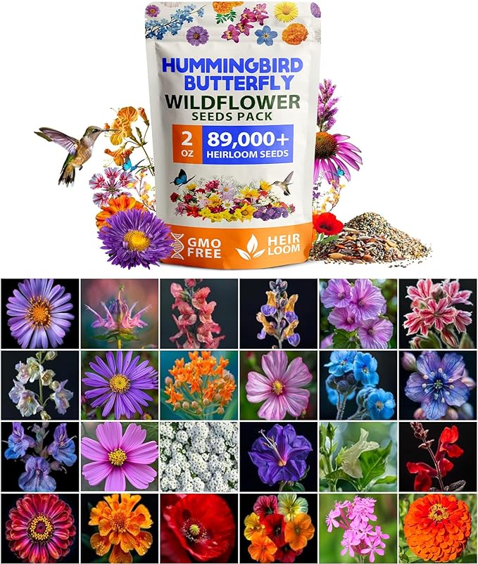 HOME GROWN Premium Wildflower Seeds 89,000+ Count - 23 Non-GMO Native Varieties for Bees, Butterflies & Birds - Perennial Wildflower Seed Mix Bulk 2oz - for Full Sun & Shade Gardens