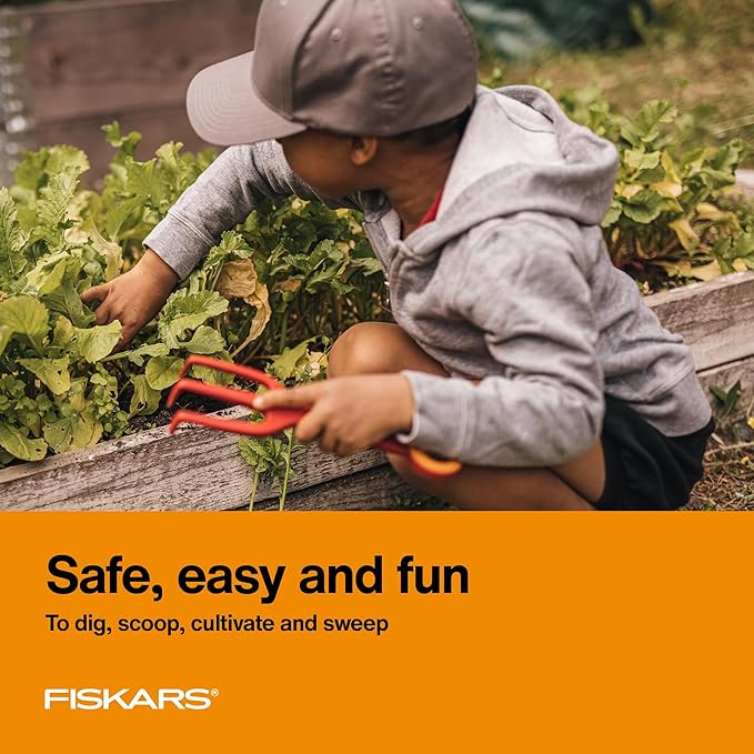 Fiskars Kids Garden Tool Set (4-Piece) - Ages 3+ Educational Tool Set for Yard Work - Cultivator, Trowel, Scoop and Brush with Organizational Hang Holes