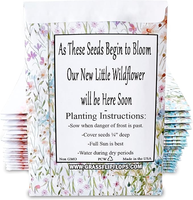 Pack of 20 Pre-Filled Bouquet Seed Mix Packet Girl Boy Baby Shower Party Favors Baby Announcements for Guests A Little Wildflower is On The Way Thank You Celebration of Life Plant Seeds