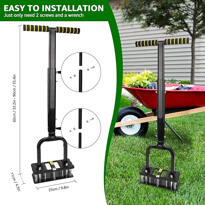 Lawn Aerator, Automatic Dirt and Leaf Clean Design, Reinforced Plastic Shell, Heavy Duty Manual Lawn Aerator Tool with 15 Iron Spikes, Height Adjustable Aerator for Lawn(Armor Black)