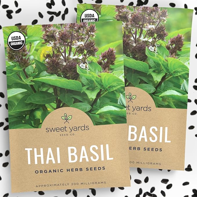 Organic Thai Basil Seeds – Seed Packet of Over 440 Open Pollinated Non-GMO Seeds – Sweet Yards Seed Co.