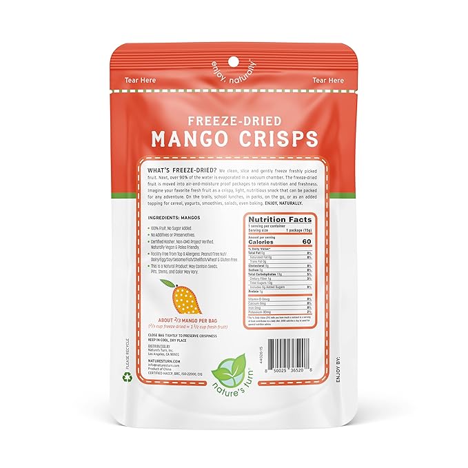 Nature’s Turn Freeze-Dried Mango Crisps – Healthy, Gluten-Free, Crispy & Delicious, Plant-Based Snack, Ideal for Cereal, Smoothies, School Lunches, & On-the-Go, Bags of 12 (0.53 oz Each)