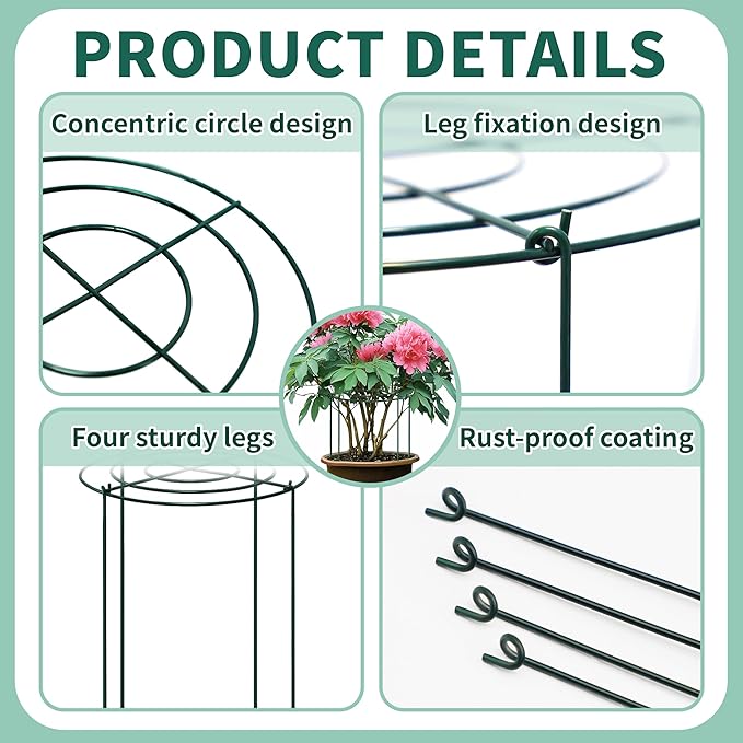4 Sets Peony Support Cage,12"Diax24"High Heavy Duty Metal Plant Support,Grow Through Hoops Grids with 4 Thickened 4mm Legs,Strong Support Brace for Heavy Blossoms,Flower Support Ring for Peonies,Rose