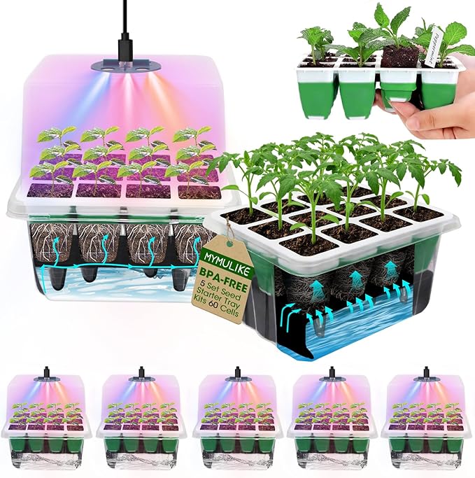 Seed Starter Tray with Grow Light,5 Pack 60 Cells Seedling Tray Kit Reusable & Dishwasher Safe for Starting Vegetable, Flower & Herb Seeds Indoor Grow Kit for Deep-Rooted Seedlings