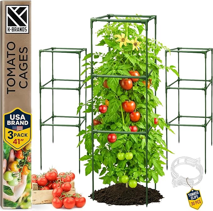 Square Tomato Cage - Large Trellis Stakes and Plant Support Structures for Vegetables and Climbing Plants - Tall Tomato Cages for Garden, Pots, Raised Garden Bed Outdoor Supplies (3 Pack - Up to 41")