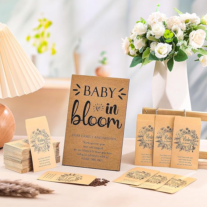 Maitys 100 Pcs Baby Shower Seed Packets Favors for Guests Baby in Bloom Wooden Sign Self Adhesive Envelopes Packet Storage Decor, No Seeds(Retro Wildflower)