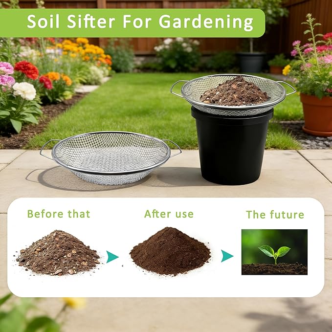 2PCS Soil Sifter for Gardening Top Soil, Sand Sifter, Dirt Sifter, Compost Sifter, Rock Sifter, Garden Soil, Vermiculite for Gardening Seed Blocking Tool - 3mm 6mm Mesh with Handle