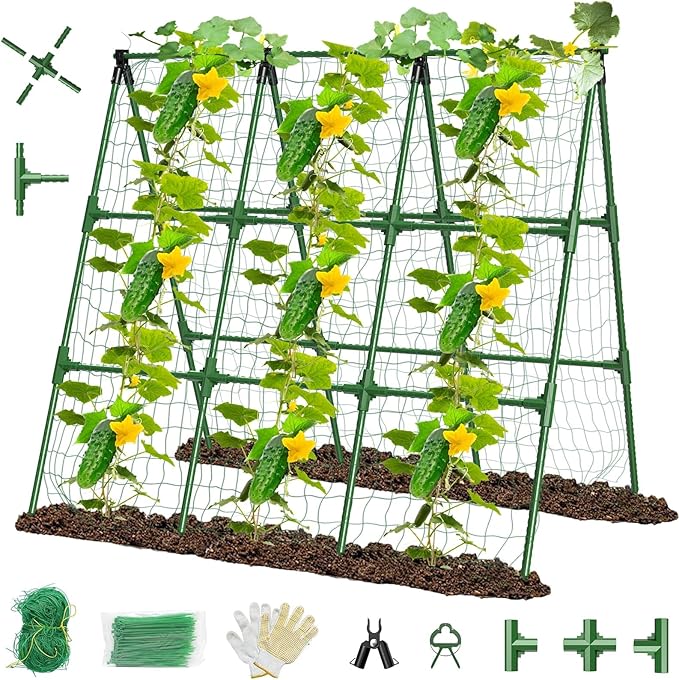 51" x 53" Cucumber Trellis for Raised Bed, A-Frame Garden Trellis for Climbing Plants Outdoor, Rust-Proof Metal Support for Tomato, Peas, Beans, Zucchini & Vines, with Netting & Clips