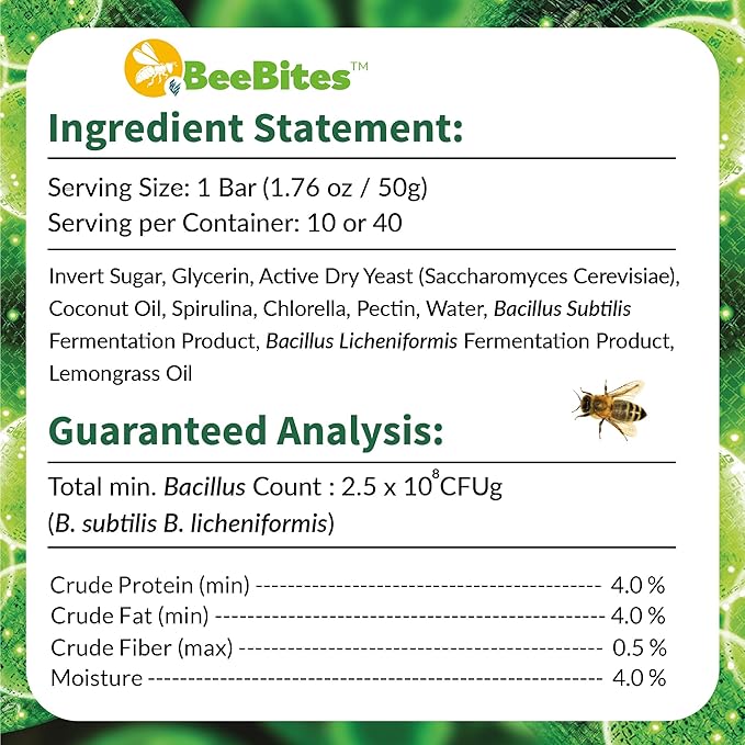 STRONG MICROBIALS BeeBites: SuperFood for Healthy Hives - Honey Bee Fondant with Spirulina and Chlorella - Probiotics Powered by Algae - Best Food for Queen Immunity - 10 Bars (50g Each)