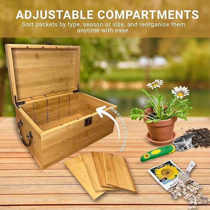 Nimpro Bamboo Garden Seed Storage Organizer Box, Wooden Seed Box with Removable Dividers, Metal Handle and Latch, Seed Keeper Organizer for Garden Seed Packets and Storage (10.59 x 7 x 5.12 in)
