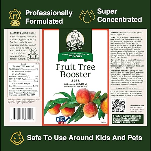 Farmer's Secret Fruit Tree Booster Fertilizer (128oz) - Super Concentrated and Phosphorus Rich - Formulated for All Fruit Trees Including Peach, Banana, and Apple