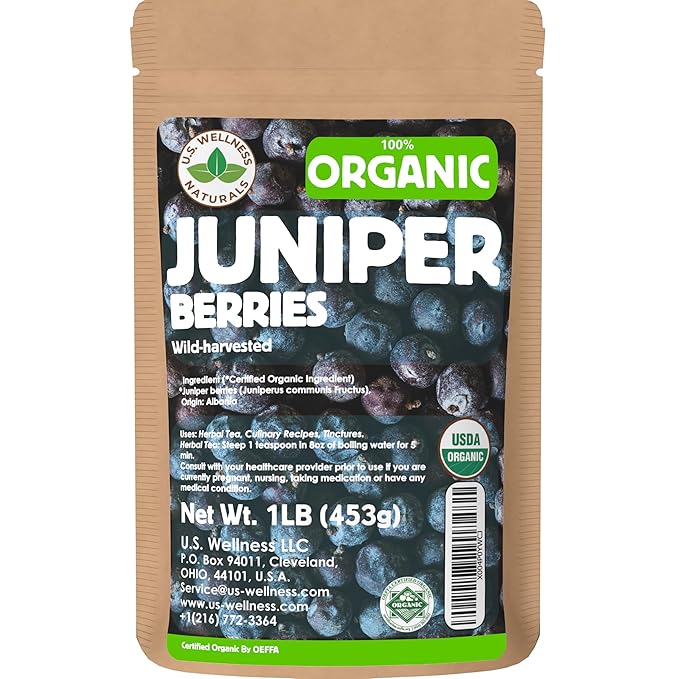 Juniper Berries - 16Oz (Real Wild Harvest) | 100% USDA Certified Organic | Bulk Juniper Berry (juniperus communis fructus) | Herbal Infusion| Cooking Meat | Seasoning Beef, Pork, Turkey Brine, Soups, Syrups and Tea | Wildcrafted in Albania