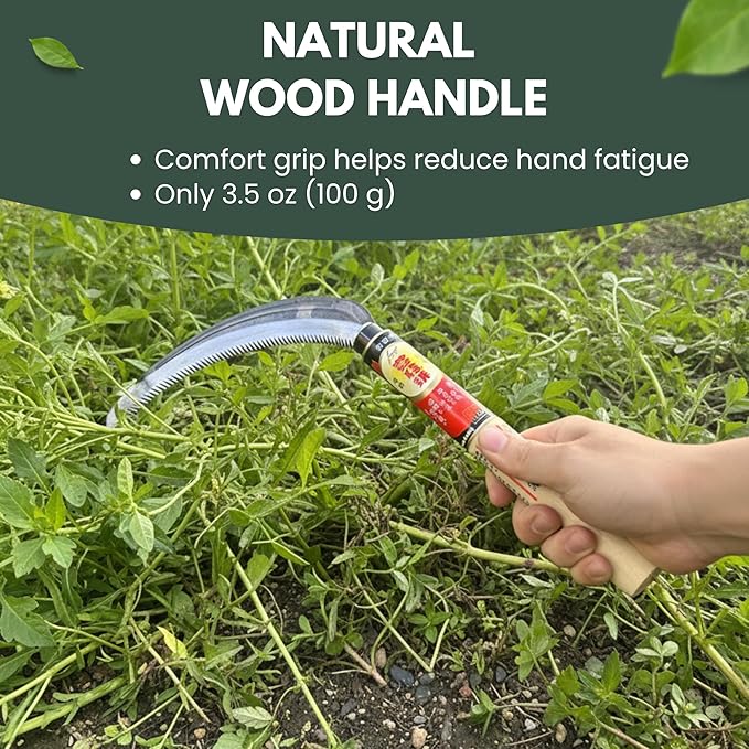 Hounen Miyawaki Japanese Weeding Sickle (Kama) – Curved Saw-Tooth Edge, Non-Twisted Blade, High-Carbon Japanese Steel, Lightweight Natural Wood Handle, Made in Japan