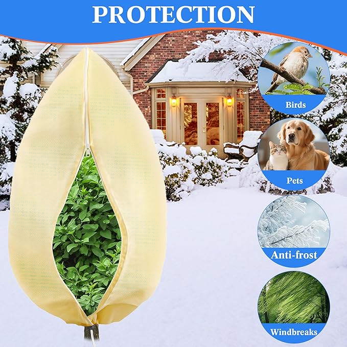 2 Pcs Plant Cover Freeze Protection, 47" x 70" Reusable Winter Frost Cover with Zipper & Drawstring, 2.8oz/yd² Heavy-Duty Tree Jacket for Outdoor Shrub & Fruit Tree Potted