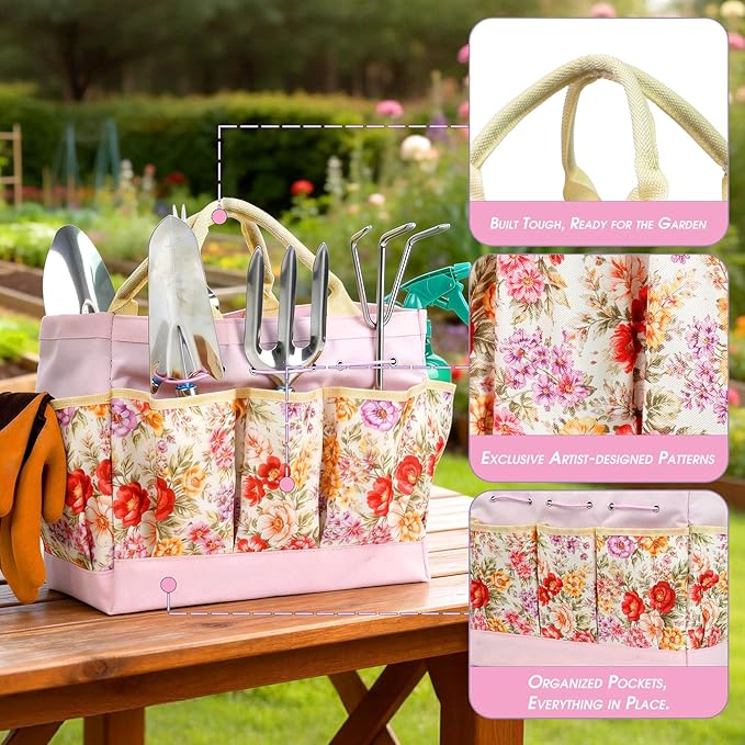 Garden Tool Set, 10 PCS Gardening Essentials, Stainless Steel Garden Hand Tools with Tote Bag, Well-Designed Gardening Supplies Kit Gifts for Women Men Gardeners