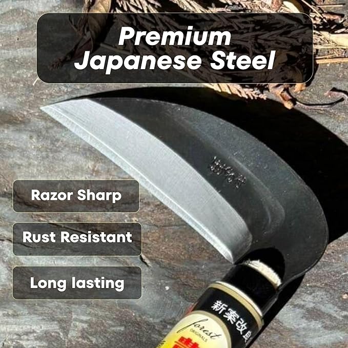 Hounen Miyawaki Japanese Weeding Sickle Kama (4.7" (12 cm) Blade) – Curved Serrated Pull-Cut High-Carbon Steel Weed & Grass Cutter, Ultra-Light 3.5 oz (100 g), 11" (28 cm) Wood Handle, Made in Japan