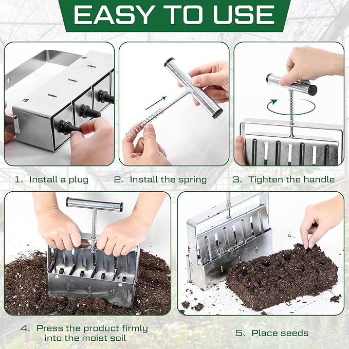 2 Set Soil Blocker, 2 Inch 4 Cell Upgraded Soil Blocking Tool for Seed Starting, Handheld Soil Block Maker with 3 Sizes Seed Pins for Garden Soil Potting Transplanting Germination