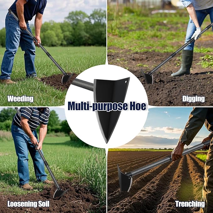 Garden Hoe 71 Inch Long Handle, Heavy Duty Trenching Hoe with Sharp Edge Blade, Triangle Weeding Hoe for Weeds Removal, Cultivating, Digging, Loosen Soil, Landscaping