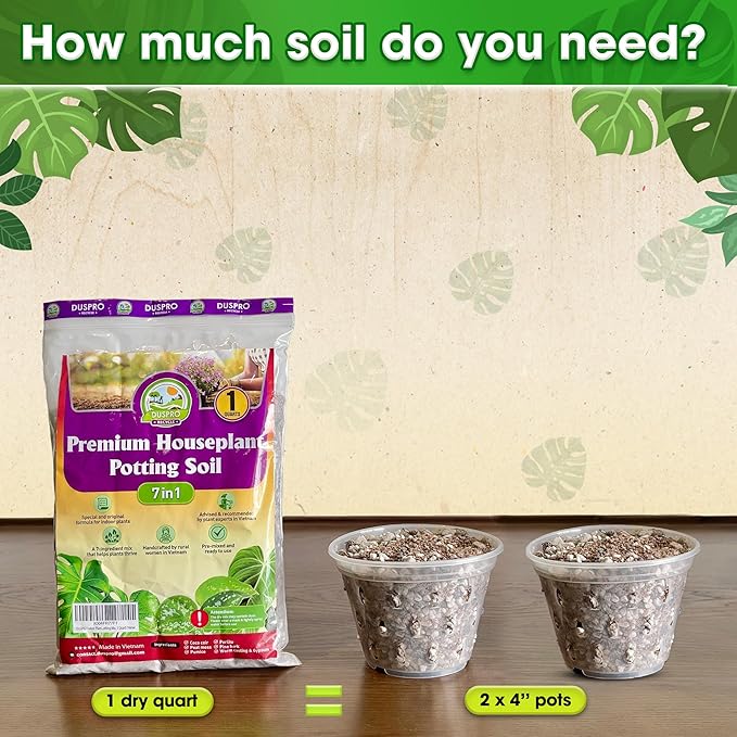 DUSPRO Recycle 1QRT Pre-Mixed House Plant Potting Mix 7in1 with Potting Soil Indoor Plants, Tropical Indoor Potting Soil with Pine Bark, Pumice, Coco Coir, Perlite, Worm Castings, Gypsum, Peat Moss