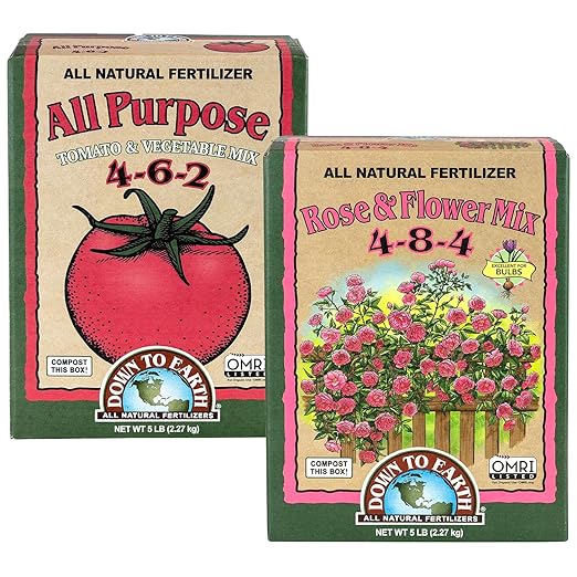 Down to Earth All Purpose 4-6-2 Tomato & Vegetable Mix + Rose & Flower Mix 4-8-4 Fertilizer Bundle | Organic Plant Food for Vegetables, Flowers, Herbs & Bulbs | OMRI-Listed | 5 LB Each