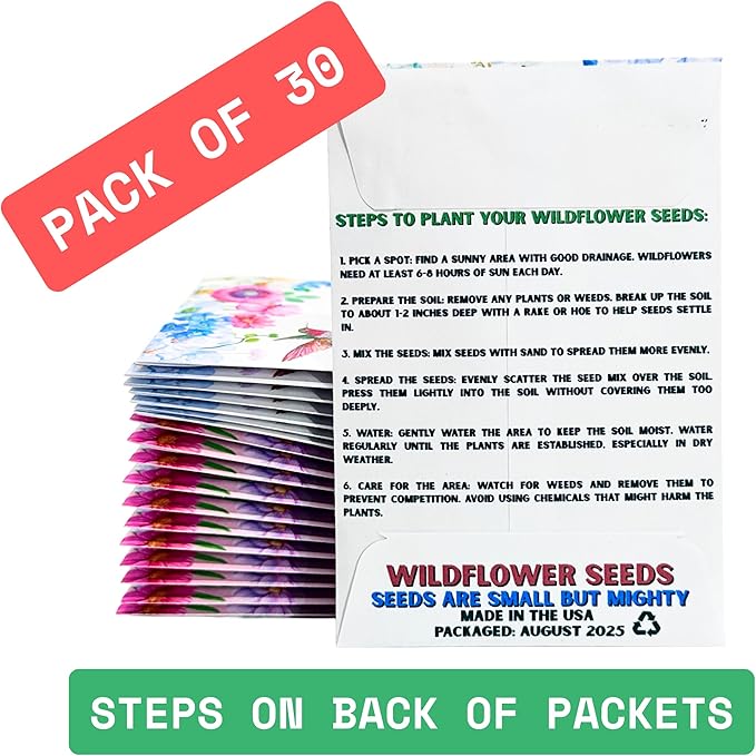 Wildflower Seed Packets Help The Pollinators Party Favors (Pack of 30) - Bee Friendly & Pollinator Wildflower Seed for Planting Gardening