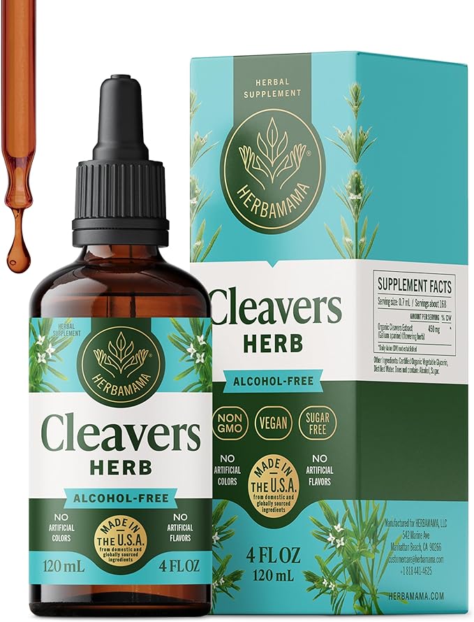 HERBAMAMA Cleavers Herb Tincture - Vegan Natural Detox & Cleanse Support with Cleavers Leaf Extract Drops - Non-GMO, Alcohol & Sugar-Free Liquid Herbal Supplement, 84-Day Supply