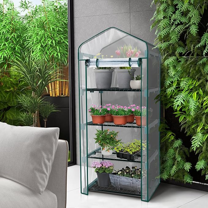 Solution4Patio 4-Tier Garden Mini Greenhouse Indoor/Outdoor Small Greenhouse Plant Shelves with Transparent PVC Thick Cover, Heavy Duty Frame, Double Zipper, 27 in. W x 19 in. D x 63 in. H