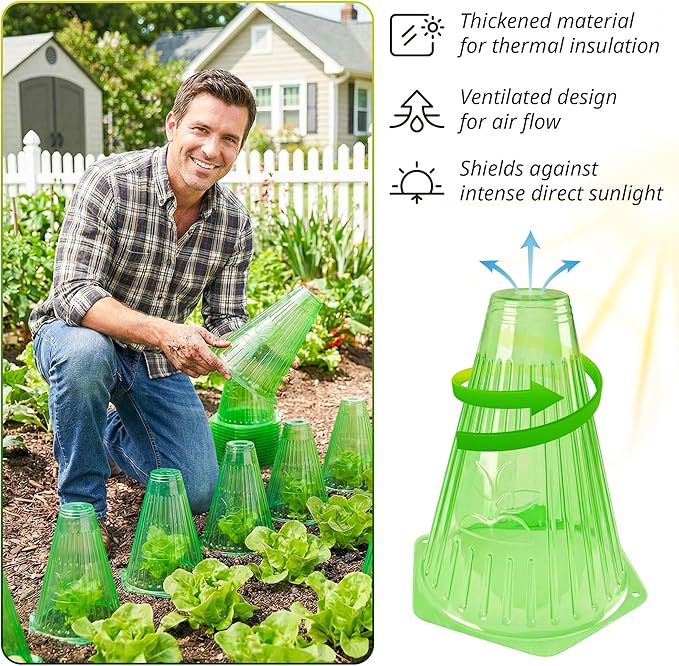 30 Pack Garden Cloches for Plants with 60 Stakes, 9.05" L x 7.8" Reusable Plant Bell Cover, Protection from Freezing Weather, Birds, and Snails for Garden