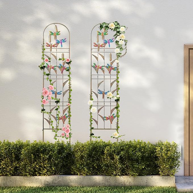 aboxoo Set of 2 Packs Dragonfly Metal Garden Trellis for Climbing Plants,Outdoor Decorative Flowers Arch Fence Trellis for Outdoor Patio,Garden,Lawn,Yard,Backyard,Wall Brackets,60'' H x 11'' W