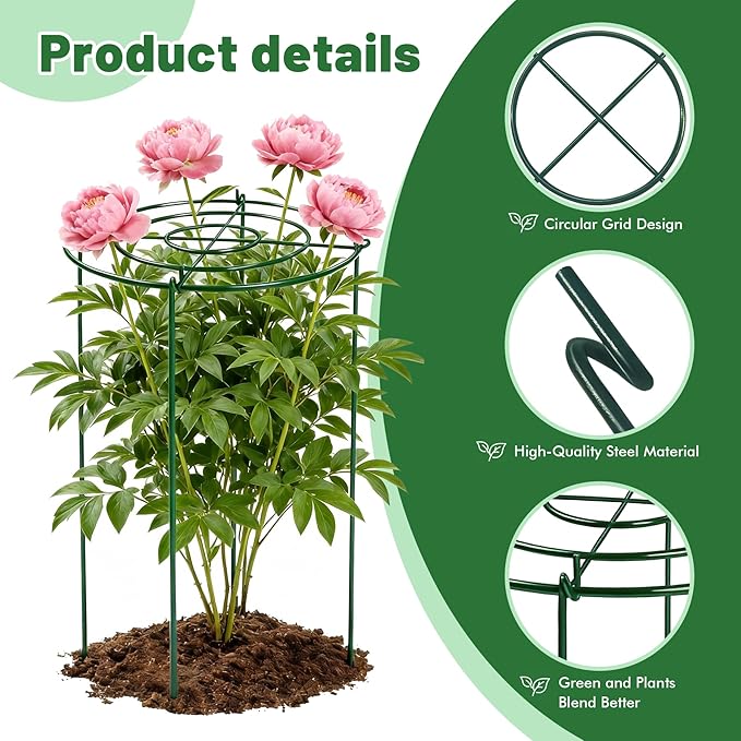 8 Pack Peony Cages Set 11.5" Dx16 H Peony Cages and Supports Heavy Duty Metal Plants Support Cage for Outdoor Green Support Rings for Flower Strawberry Tomato Hydrangeas