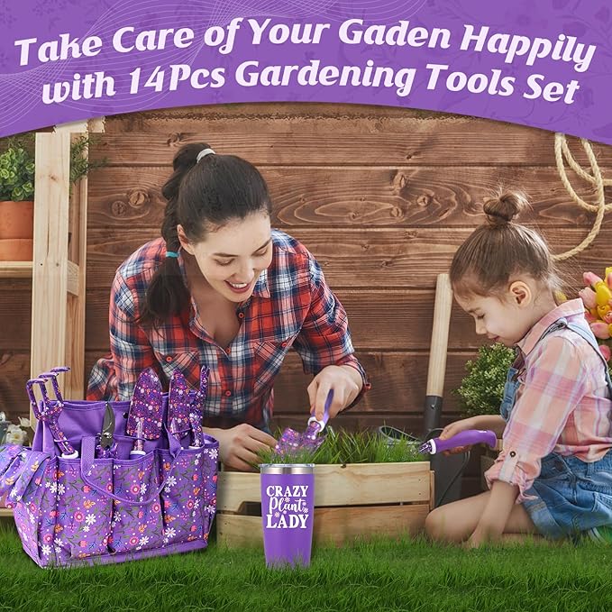 Gardening Gifts for Women, Gardening Tools for Women, 14 PCS Garden Tools Set Kit with Garden Tool Bag, Plant Lover Christmas Mothers Day Birthday Gifts for Mom Grandma Aunt, Purple