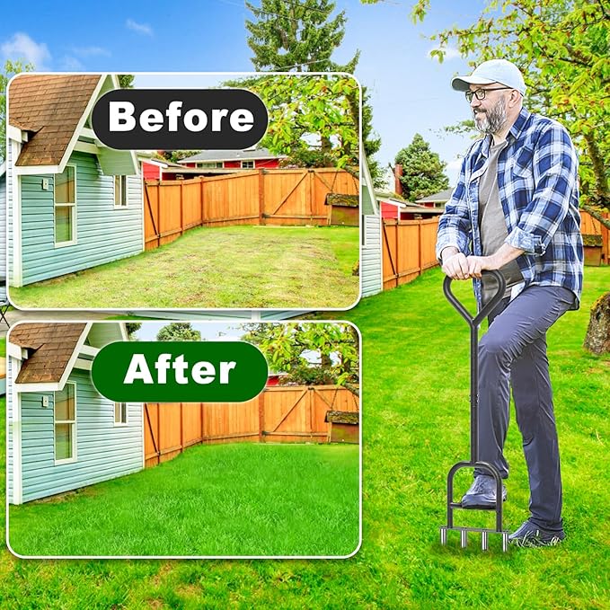 Dolibest Lawn Coring Aerator, Manual Lawn Aerator, 4 Stainless Steel Corer Plug Aerator with Triangular Handle, Pre-Assembled Manual Grass Aerating Tool & Cleaning Hand Tool for Improving Lawn Health