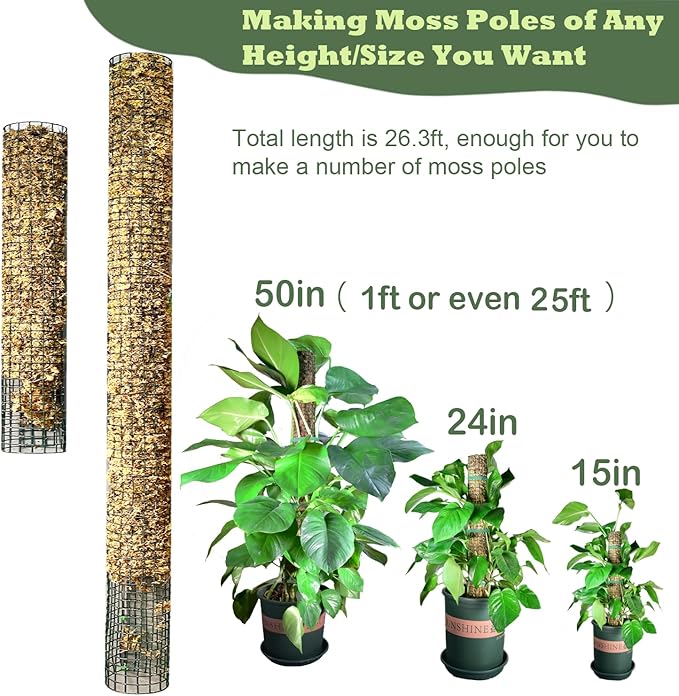 Moss Pole DIY Kit, 26.3ft Metal Moss Pole for Plants Monstera, 8Pcs 8.3in×3.3ft Steel Wire Mesh with Plier, Cable Zip Ties, Max Make 13Pcs 24" Plant Poles(26.3ft Wire Mesh with Plier)