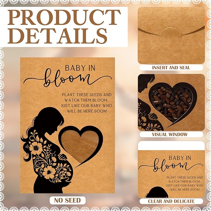 Fumete 50 Pack Baby in Bloom Seed Packets Baby Shower Party Favor for Guest Envelopes Kraft with Clear Window Resealable Seed Organizer Storage Bag for Gender Reveal Party, No Seeds(Mom Flower)