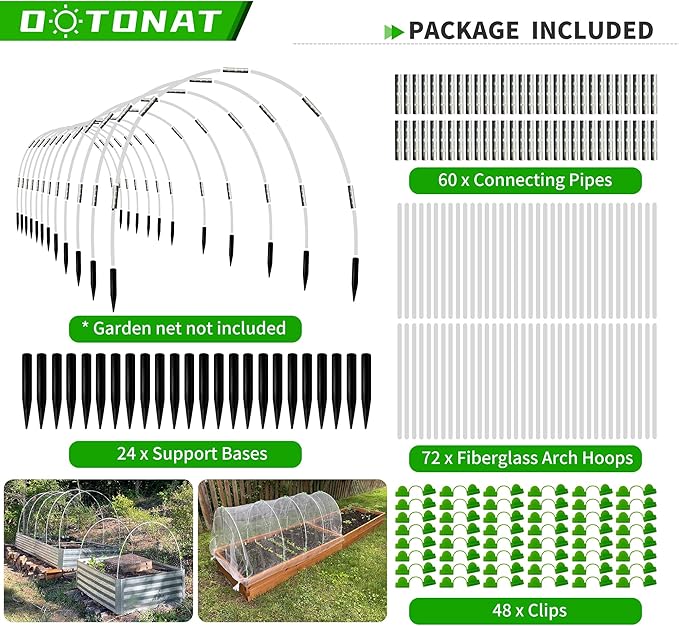 8FT Garden Hoops Grow Tunnel Kit - Rust-Free Fiberglass Frame for Raised Beds, 72pcs - DIY Plant Support for Garden Netting, Vegetable Garden Hoops Kit, Row Covers, and Greenhouse Hoops