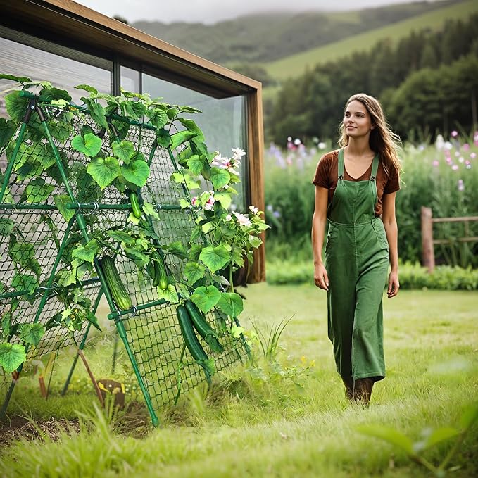 Garden Trellis for Climbing Plants, 4x4 ft Metal A-Frame with Support Netting, Outdoor Vegetable Trellis for Tomatoes Cucumbers Peas Beans Grape Vines, Fits Raised Beds, Green